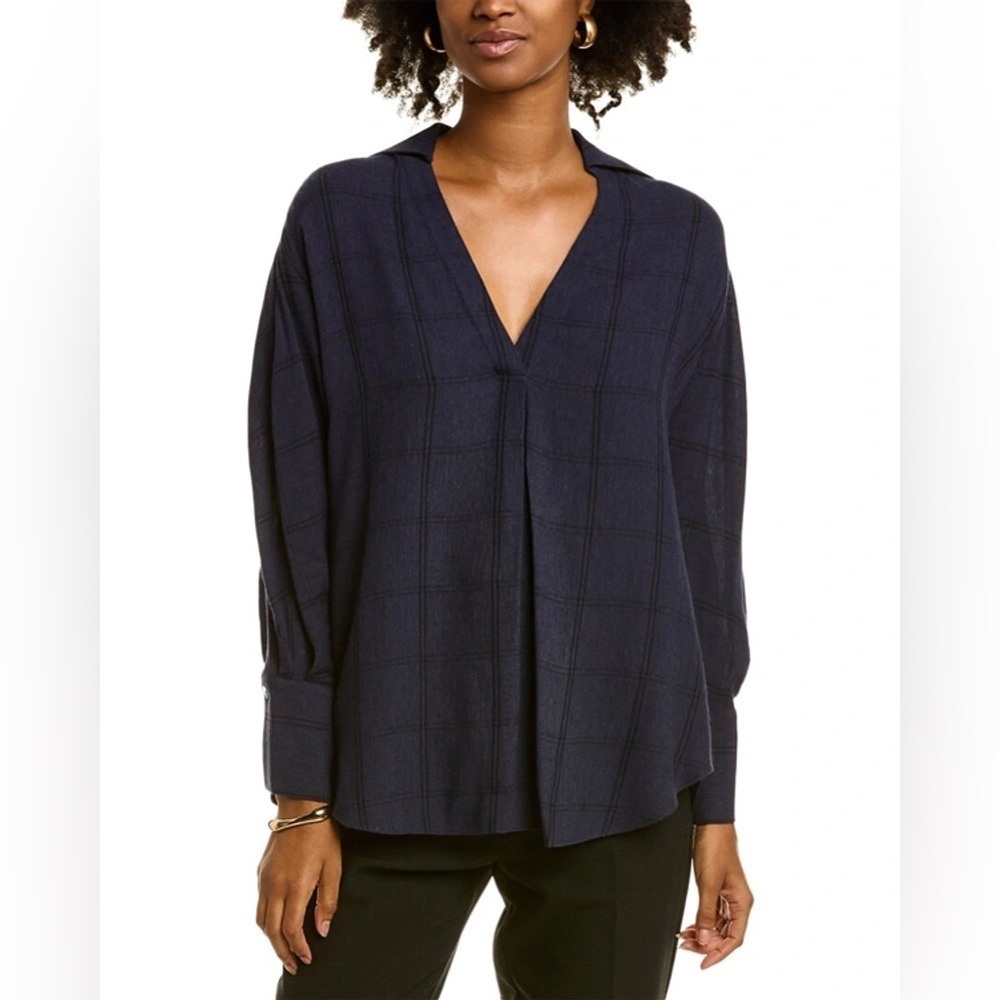 Vince V-Neck Wool-Blend Marina Blue Plaid Johnny Collar Long Sleeve Blouse XXS